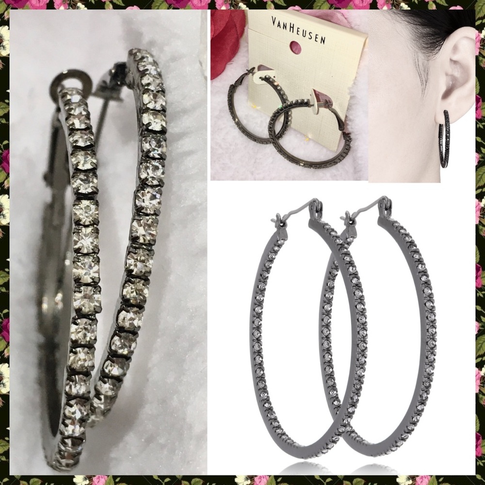 Van Heusen Paved Gunmetal Steel 40mm Hoop Earrings